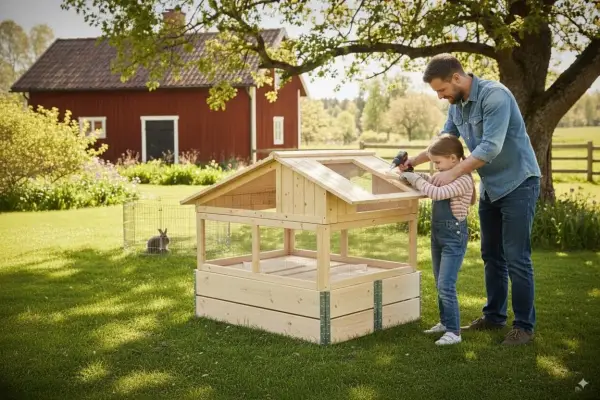 Pappa och dotter bygger en kaninbur utomhus. En kanin sitter i en annan bur i bakgrunden.